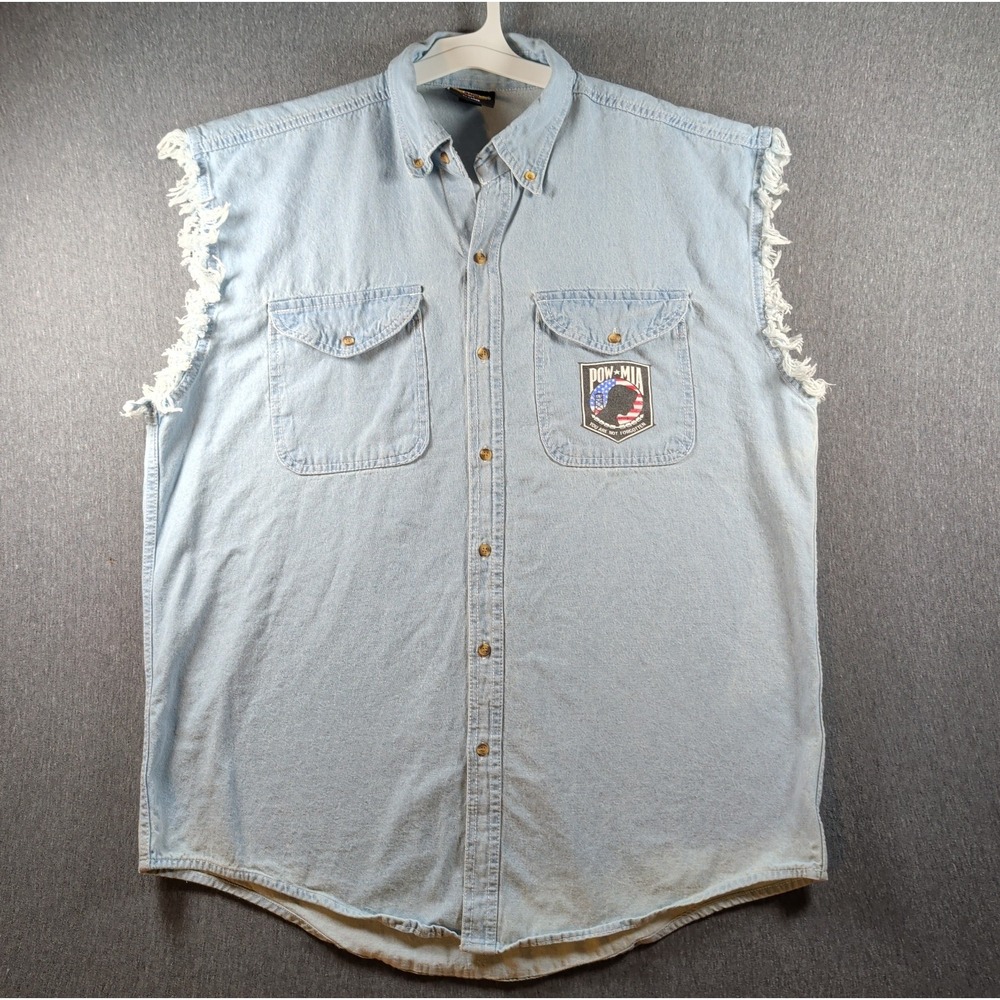 Biker Wear 2XL Cut Off Sleeveless Denim Button Shirt POW MIA AMVETS Florida VGUC